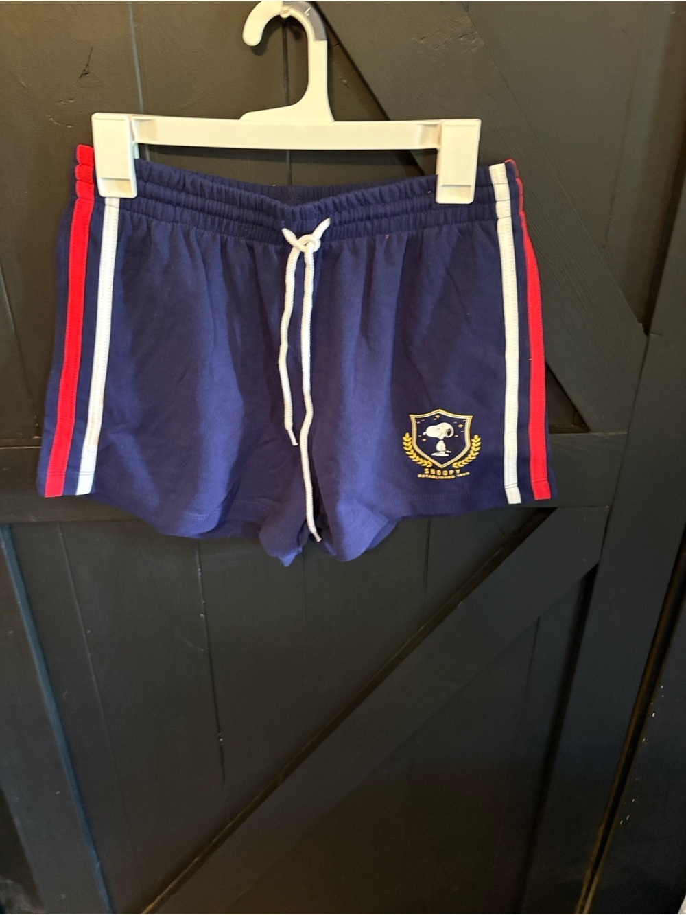 Navy Women’s Athletic Drawstring Shorts with Red & White Side Stripes